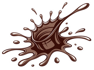 dynamic chocolate splash with ripples and flying droplets isolated on white background.