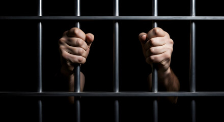 Prisoner's hands gripping jail bars.
