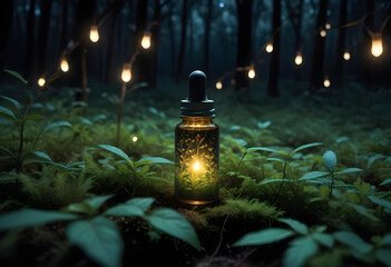 Cosmetic serum bottle mockup in magical forest with glowing string lights, enchanted beauty product scene