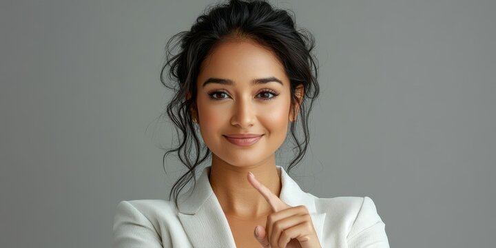 Confident woman with playful expression posing against neutral backdrop in modern attire