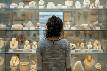 Generative AI Artwork Depicting a Person Observing Vintage Artifacts in a Museum for Art Education