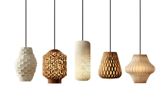 Five modern pendant lights, various designs and materials.
