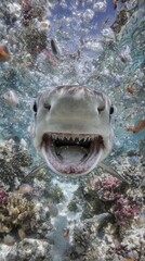 A close-up shot features a shark swimming near the surface of a coral reef, with an array of vibrant marine life, in crystal-clear blue water