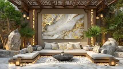 Scandinavian living room featuring minimalist design, sleek lines, soft textures, and integrated smart furniture, combined with biophilic elements, ambient lighting, and digital art panels