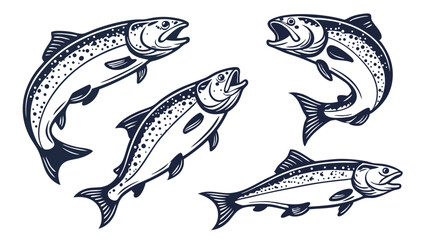 Fototapeta premium vintage fish illustrations line art collection black white engraved style multiple species isolated on white background.