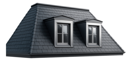 Mansard roof with integrated dormer windows, adding light and space to an urban townhouse.