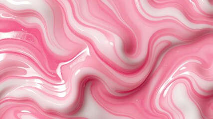 Abstract composition showcasing flowing light pink and white paints merging in delicate swirling patterns