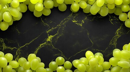 Fresh green grapes are prominently displayed on a dark green background, complete with water droplets
