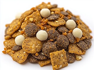 A pile of food with a variety of shapes and sizes, including some with white balls on top