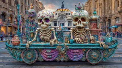Dia de los Muertos is commemorated with a parade showcasing vibrant floats with floral decorations and skull motifs, reflecting the traditional and cultural significance of the Mexican holiday
