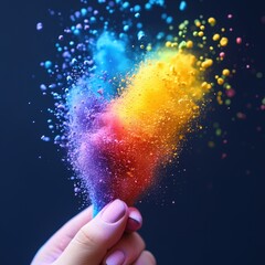A hand holding a colorful powder that looks like a rainbow