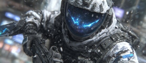 Futuristic space explorer wearing advanced gear and a spacesuit, rendered in a realistic style with epic cinematic lighting on a dark background
