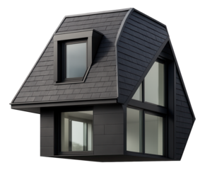 Mansard roof with an asymmetrical design, adding a modern twist to a contemporary residence.