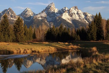 Serene park view with towering pine trees, reflecting pools, meadow, and mountains bathed in golden sunlight, tranquil nature scene.