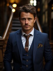 Stylish male model in a blue suit exuding confidence and elegance.