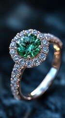 Elegant gold ring with a stunning green gemstone and diamond surround.