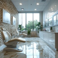 Modern and serene waiting area in a medical spa or clinic, featuring comfortable seating and large windows overlooking city views.