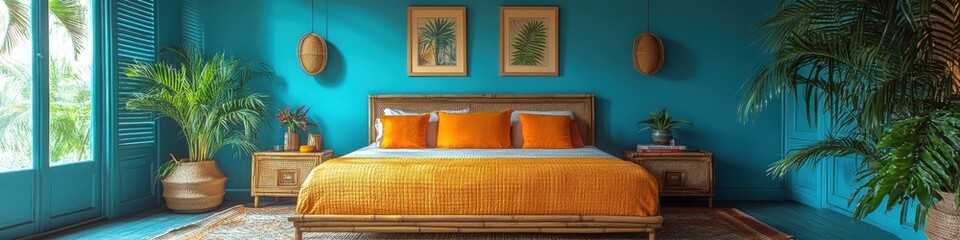 Create a tropical-themed bedroom with palm leaf wallpaper, bamboo furniture,
