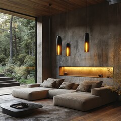 Modern living room with concrete wall, large sectional sofa, and stylish pendant lights.  Enjoy the serene forest view.