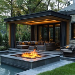 Modern outdoor patio with fire pit and comfortable seating area, perfect for relaxing evenings.