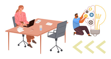 Woman working on laptop at desk while man adjusts cogs in lightbulb symbolizing innovation, problem-solving, collaboration. Ideal for teamwork, creativity, office work, strategy, solutions