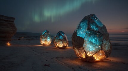 Fototapeta premium Glowing alien crystals emerge from desert sandstone under a cosmic aurora, creating an otherworldly landscape