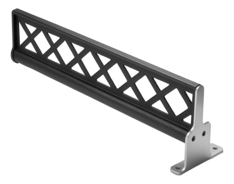 Metal snow retention bar with a lattice design, suitable for protecting a cottage roof from snow accumulation.