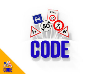 texte CODE avec panneaux routiers au dessus - auto école - rendu 3D sur fond transparent