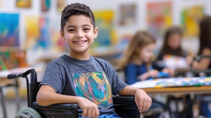 Smiling boy wheelchair wearing colorful shirt sitting art classroom with blurred children painting background showcasing creativity and child - Powered by Adobe