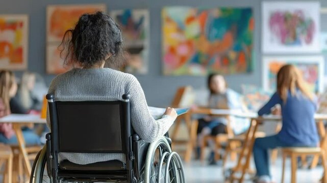 Person wheelchair art class student painting creativity disability colorful paintings inspiring atmosphere people painting drawing background