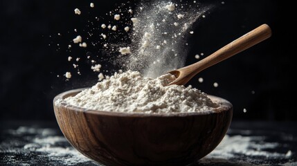Wooden bowl filled with white flour, a wooden spoon, and flour dust in the air against a black background.