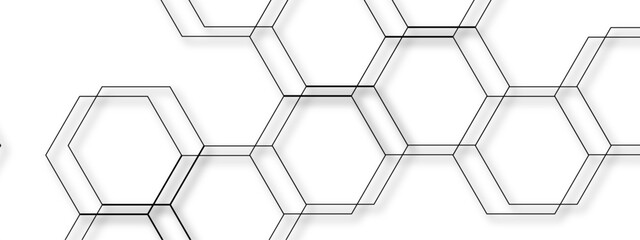 Obraz premium Abstract seamless geometric background with interconnected hexagons outlined in thin gray lines on a white backdrop. Clean, modern, and minimalistic, suitable for tech, scientific, or architectural