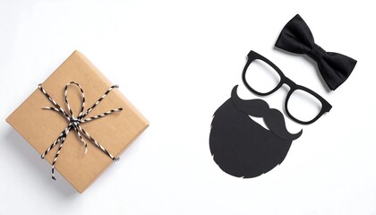 Gift box with beard, glasses, and bow tie on white.
