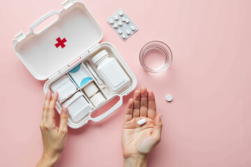 A flat lay photograph from above of female hands carefully laying out a first aid kit and medications against a soft pastel pink background.