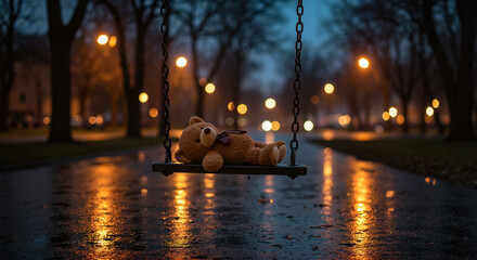 Teddy bear lying on swing in empty park at night with reflections  