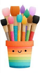 Fototapeta premium A vibrant personality is housed in a blue container, encircled by paintbrushes and splatters of color