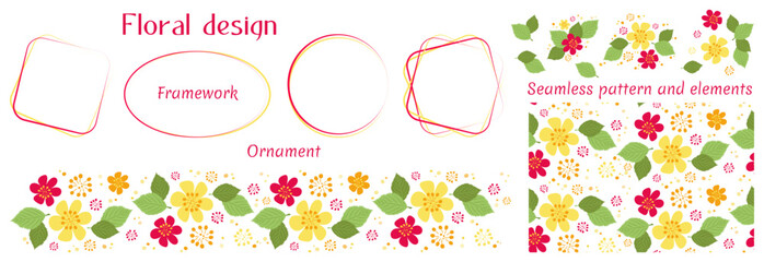 Vector set for stylish floral design. Isolated elements, flowers, leaves, empty frames, ornament, seamless pattern. Ready-made constructor for creativity and photo album design. Simple shapes, colors