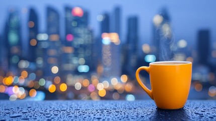 A warm beverage provides solace on a drizzly metropolitan morning filled with lively city ambiance