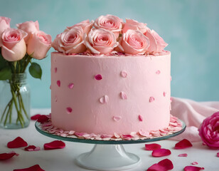 Naklejka premium Festive pastel pink cake with rose flower petals on a table decorated for a party celebration, wedding cake with pink roses, cake with pink frosting 