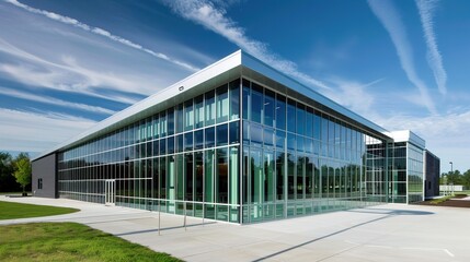 Fototapeta premium Contemporary School Building with Transparent Glass Facade, Sunlit Modern Educational Architecture Featuring Reflective Exterior and Sustainable Design in Academic Environment
