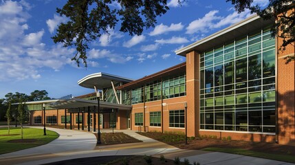 Contemporary School Building with Transparent Glass Facade, Sunlit Modern Educational Architecture Featuring Reflective Exterior and Sustainable Design in Academic Environment