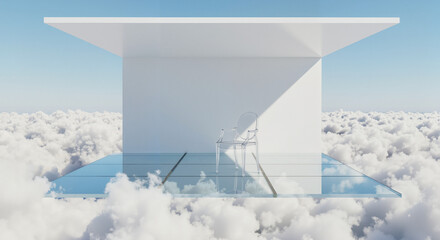 Minimalist glass room on clouds with white background and sunlight