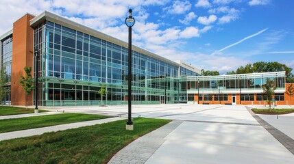 Obraz premium Contemporary School Building with Transparent Glass Facade, Sunlit Modern Educational Architecture Featuring Reflective Exterior and Sustainable Design in Academic Environment