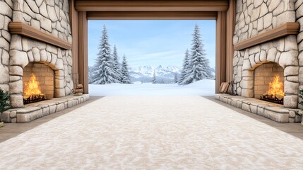 Cozy Stone Fireplace Winter Cabin with Snowy Mountain View