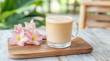 Creamy Beige Beverage in Glass Mug with Pink Flowers on Wooden Board