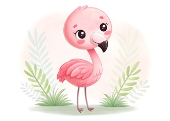 Cute watercolor flamingo with leaves