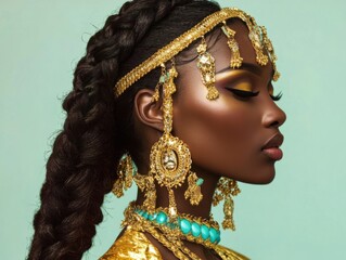 Intricate goddess braids with golden jewelry soft pastel backdrop reflecting femininity empowerment