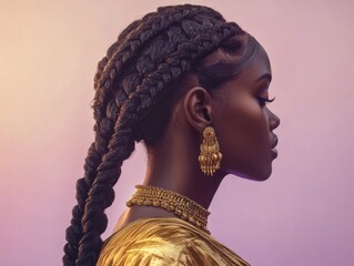 Intricate goddess braids with golden jewelry soft pastel backdrop reflecting femininity empowerment