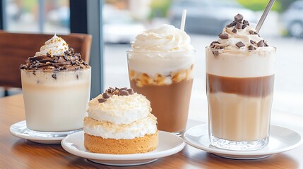 Creamy Coffee Drinks and Desserts on Wooden Table