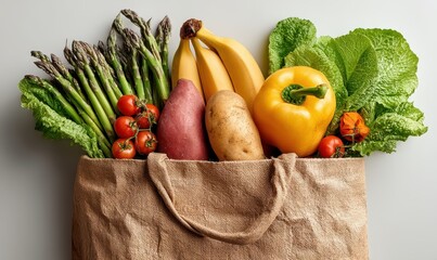 Fresh Organic Vegetables and Fruits in Eco-Friendly Bag Surrounded by Vibrant Green Leaves on Gray Background